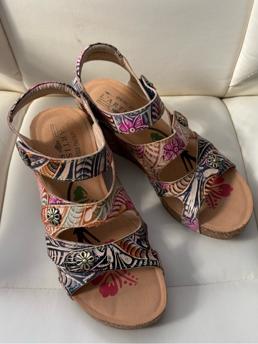 L’Artiste Floral hand painted Leather Wedge Sandals with Adjustable Straps.